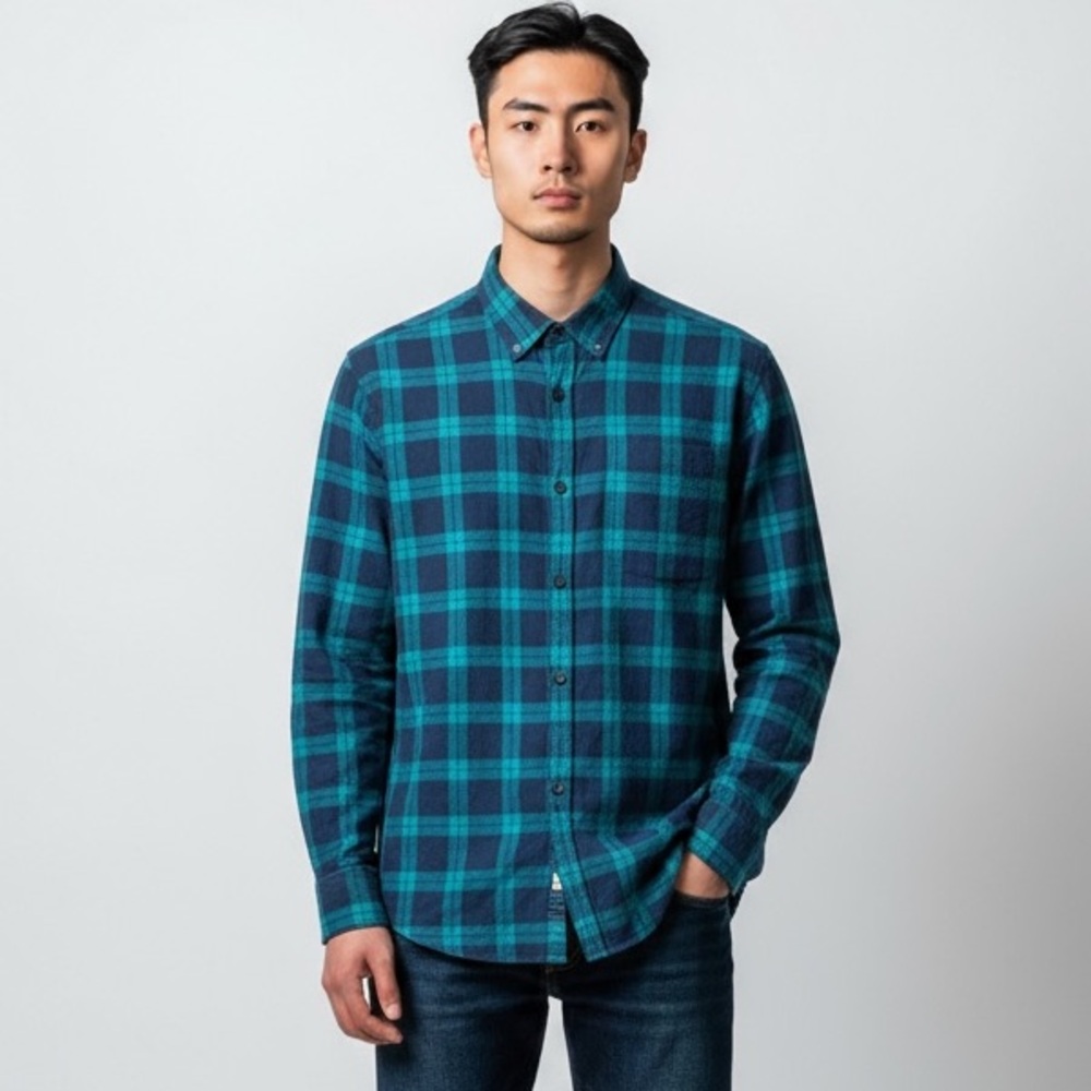 Michael Kors Men's XL Shirt Button Up Linen Blend LS Navy Teal Plaid EUC